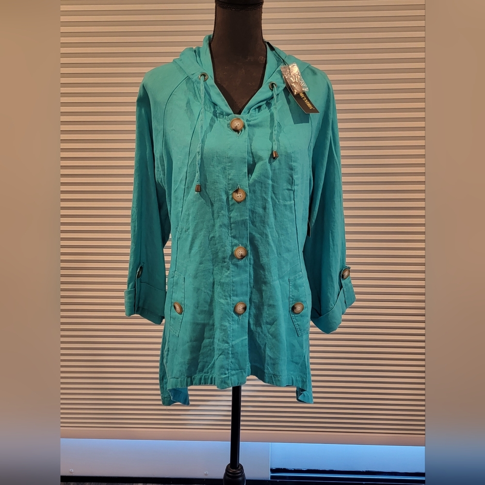 Super Cute Linen Teal Button-Up Hooded Jacket Size XL